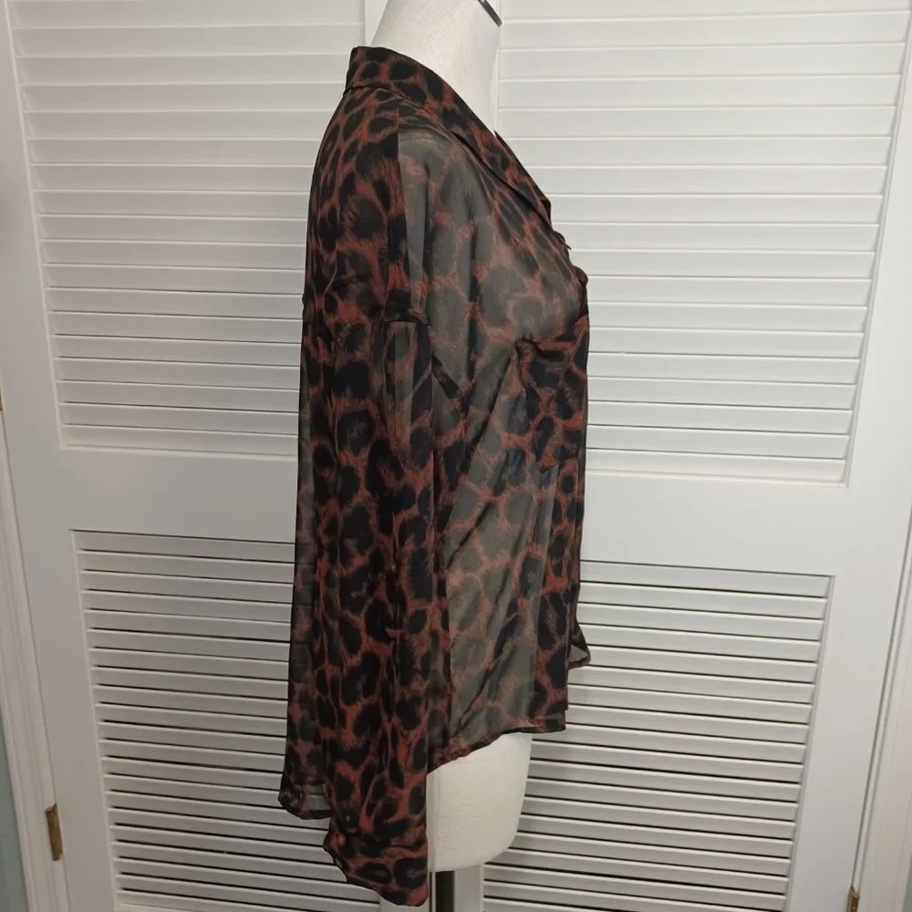 Free People Blouse Easy Rider Black Brown Leopard Print Chiffon Shirt Size Small